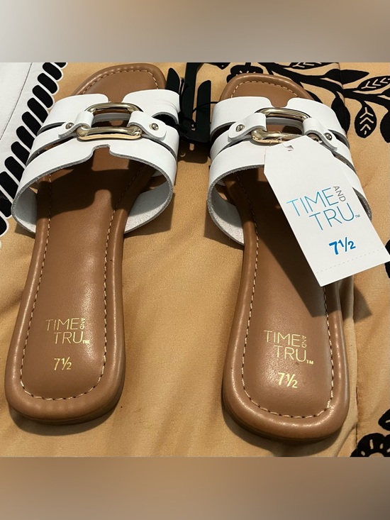 Time and Tru Shoes - Time and Tru White Slide Sandals with Gold Buckle